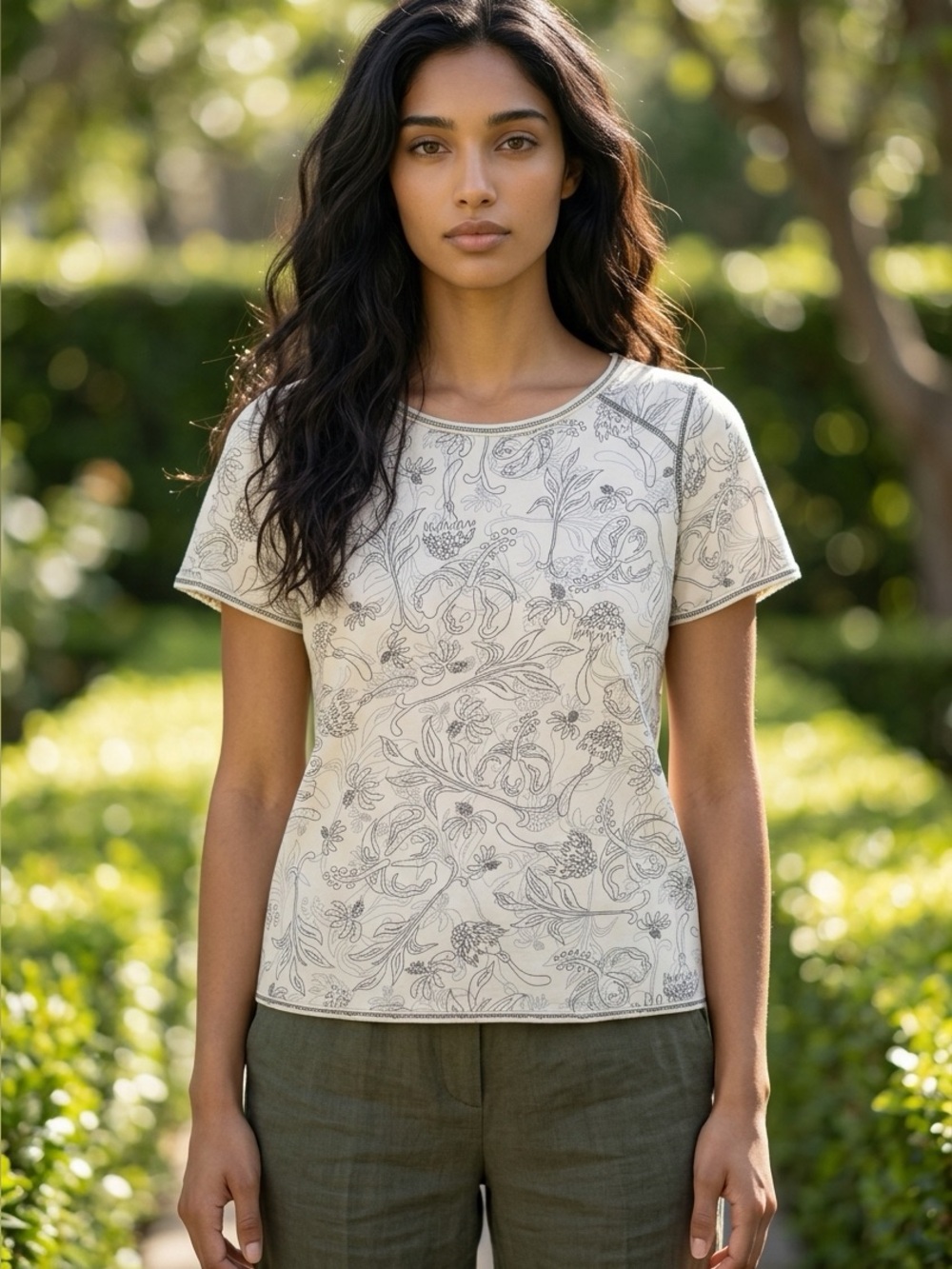 Women's Cream Floral Print Short Sleeve Tee